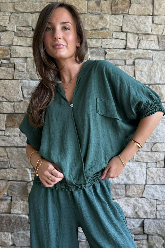 Basso Button Drape Cap Sleeve Shirt Forest